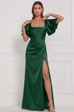 Espresso Sheath Square Neck Ruched Flare Sleeves Maxi Bridesmaid Dress with Slit