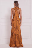 Burnt Orange Sheath Cowl Satin Printed Maxi Bridesmaid Dress with Side Slit