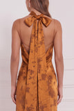 Burnt Orange Sheath Cowl Satin Printed Maxi Bridesmaid Dress with Side Slit