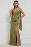 Olive Printed Sheath Strapless Ruched Maxi Bridesmaid Dress with Side Slit