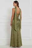 Olive Printed Sheath Strapless Ruched Maxi Bridesmaid Dress with Side Slit
