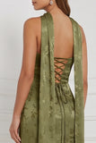 Olive Printed Sheath Strapless Ruched Maxi Bridesmaid Dress with Side Slit
