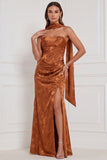Olive Printed Sheath Strapless Ruched Maxi Bridesmaid Dress with Side Slit