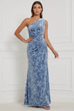 Blue Sheath Velvet One Shoulder Ruched Long Bridesmaid Dress