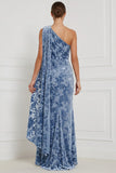 Blue Sheath Velvet One Shoulder Ruched Long Bridesmaid Dress