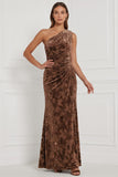 Blue Sheath Velvet One Shoulder Ruched Long Bridesmaid Dress