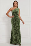 Blue Sheath Velvet One Shoulder Ruched Long Bridesmaid Dress