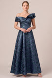 Navy Asymmetrical Off the Shoulder A-Line Ruffled Jacquard Mother of the Bride Dress