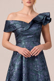 Navy Asymmetrical Off the Shoulder A-Line Ruffled Jacquard Mother of the Bride Dress