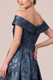 Navy Asymmetrical Off the Shoulder A-Line Ruffled Jacquard Mother of the Bride Dress