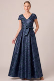 Navy V-Neck Jacquard A-Line Cap Sleeves Long Mother of the Bride Dress with Bow Sash