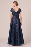 Navy V-Neck Jacquard A-Line Cap Sleeves Long Mother of the Bride Dress with Bow Sash
