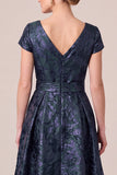 Navy V-Neck Jacquard A-Line Cap Sleeves Long Mother of the Bride Dress with Bow Sash