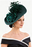 Dark Green Sinamay Fabric Flower Fascinator Hat with Feather