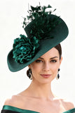 Dark Green Sinamay Fabric Flower Fascinator Hat with Feather