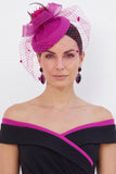 Fuchsia Sinamay Birdcage Veil 3D Fabric Flower Fascinator Hat with Feather
