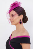 Fuchsia Sinamay Birdcage Veil 3D Fabric Flower Fascinator Hat with Feather