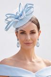 Blue Looped Satin Ribbons Crinoline Netting Fascinator Hat with Feathers
