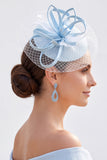 Blue Looped Satin Ribbons Crinoline Netting Fascinator Hat with Feathers