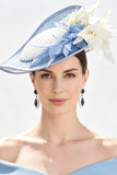Blue White Solid Sinamay Brim 3D Fabric Flowers Fascinator Hat with Feathers
