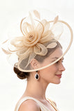 Champagne Crinoline Flower Netting Fascinator Hat with Feathers