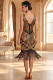 Dark Green V-Neck Sequins Tulle Beaded Sheath Midi 1920s Dress with Fringes