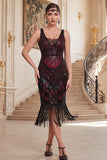 Dark Green V-Neck Sequins Tulle Beaded Sheath Midi 1920s Dress with Fringes