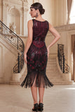 Dark Green V-Neck Sequins Tulle Beaded Sheath Midi 1920s Dress with Fringes