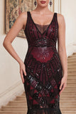 Dark Green V-Neck Sequins Tulle Beaded Sheath Midi 1920s Dress with Fringes