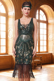 Dark Green V-Neck Sequins Tulle Beaded Sheath Midi 1920s Dress with Fringes