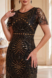 Dark Green Round Neck Beaded Sequins Sheer Flutter Sleeves 1920s Dress with Fringes