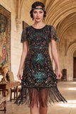 Dark Green Round Neck Beaded Sequins Sheer Flutter Sleeves 1920s Dress with Fringes