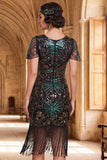 Dark Green Round Neck Beaded Sequins Sheer Flutter Sleeves 1920s Dress with Fringes