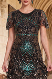 Dark Green Round Neck Beaded Sequins Sheer Flutter Sleeves 1920s Dress with Fringes