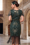 Dark Green Round Neck Beaded Sequins Sheer Flutter Sleeves 1920s Dress with Fringes
