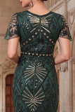 Dark Green Round Neck Beaded Sequins Sheer Flutter Sleeves 1920s Dress with Fringes