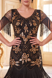 Black Golden Round Neck Sequins Sheath 1920s Dress with Fringes