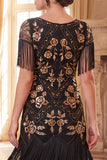 Black Golden Round Neck Sequins Sheath 1920s Dress with Fringes