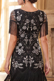 Black Golden Round Neck Sequins Sheath 1920s Dress with Fringes