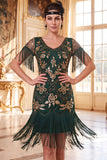 Black Golden Round Neck Sequins Sheath 1920s Dress with Fringes