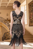Black Golden V-Neck Sheath Sequins 1920s Flapper Dress with Fringes