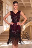 Black Golden V-Neck Sheath Sequins 1920s Flapper Dress with Fringes