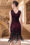 Black Golden V-Neck Sheath Sequins 1920s Flapper Dress with Fringes