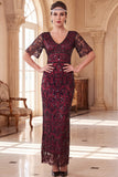 Burgundy V-Neck Short Sheer Sleeves Sheath Sequins Long 1920s Dress
