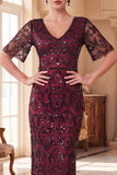 Burgundy V-Neck Short Sheer Sleeves Sheath Sequins Long 1920s Dress