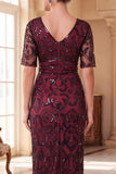 Burgundy V-Neck Short Sheer Sleeves Sheath Sequins Long 1920s Dress