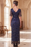 Burgundy V-Neck Short Sheer Sleeves Sheath Sequins Long 1920s Dress