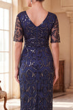 Burgundy V-Neck Short Sheer Sleeves Sheath Sequins Long 1920s Dress