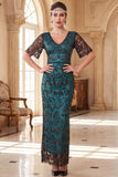 Burgundy V-Neck Short Sheer Sleeves Sheath Sequins Long 1920s Dress