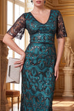 Burgundy V-Neck Short Sheer Sleeves Sheath Sequins Long 1920s Dress